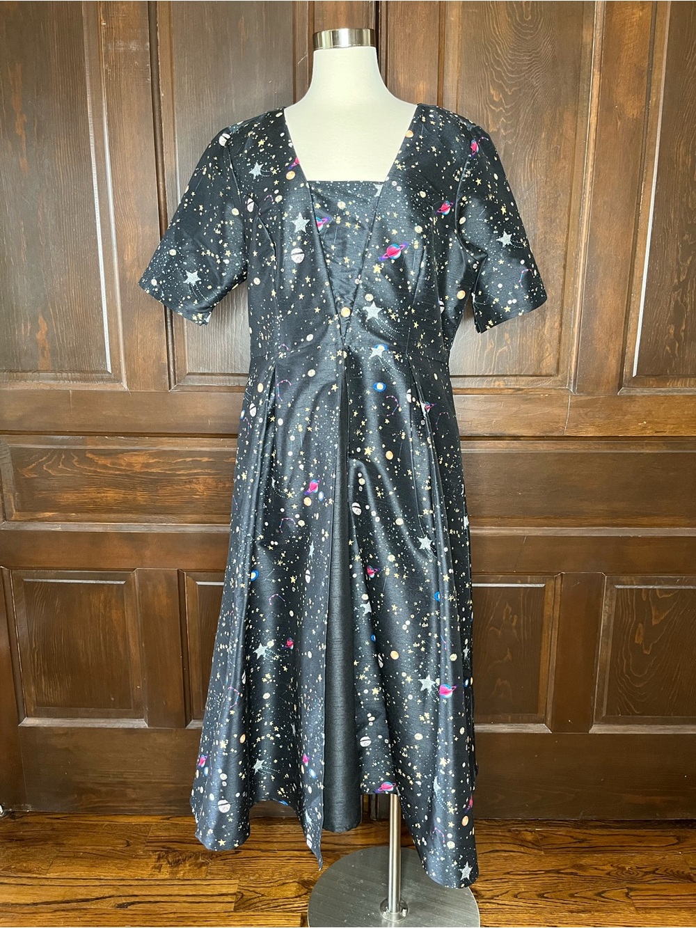 eShakti Black Constellation Print Pleated Midi Dress Short Sleeve XL 18 NWOT